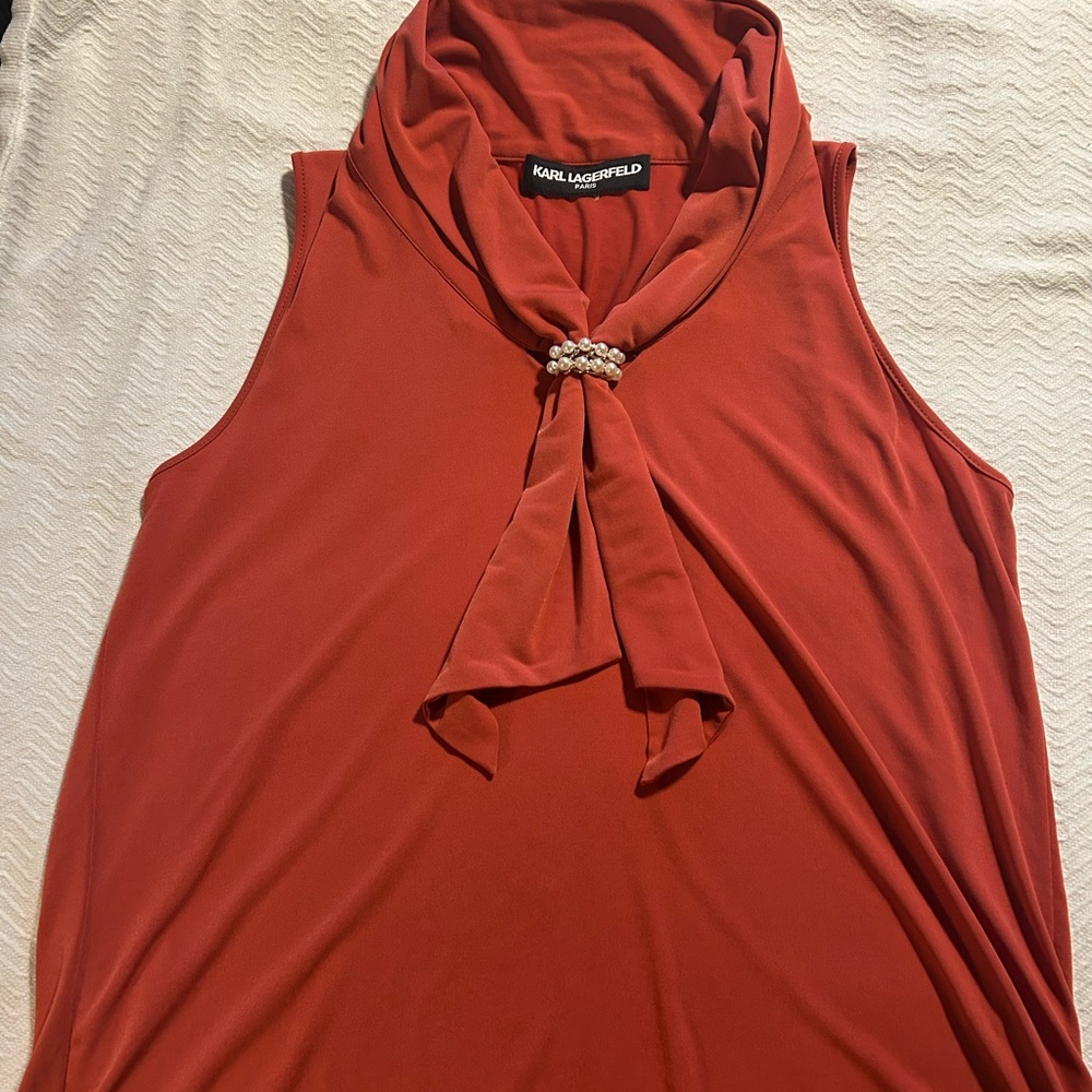 Karl Lagerfeld Rust Sleeveless Top with Pearl Accent